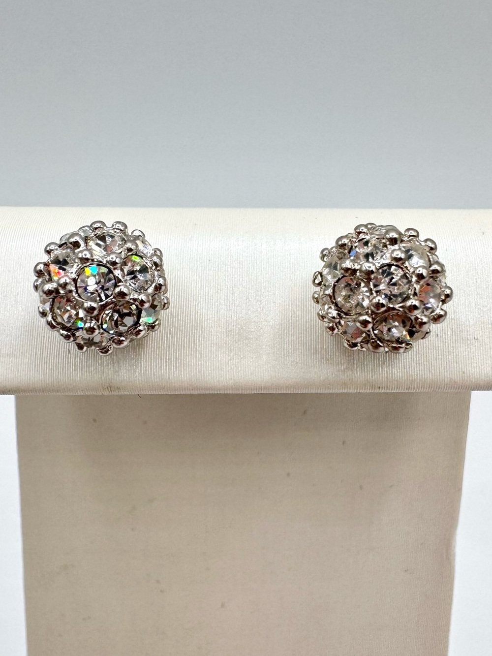 Nolan Miller Pave Crystal Ball Stud Earrings Silver Tone Signed Classic Bridal